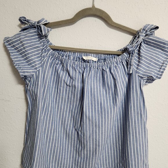 Nordstrom Lush 100% Cotton Off Shoulder French AllureBlue Striped Shirt Medium - Picture 1 of 7